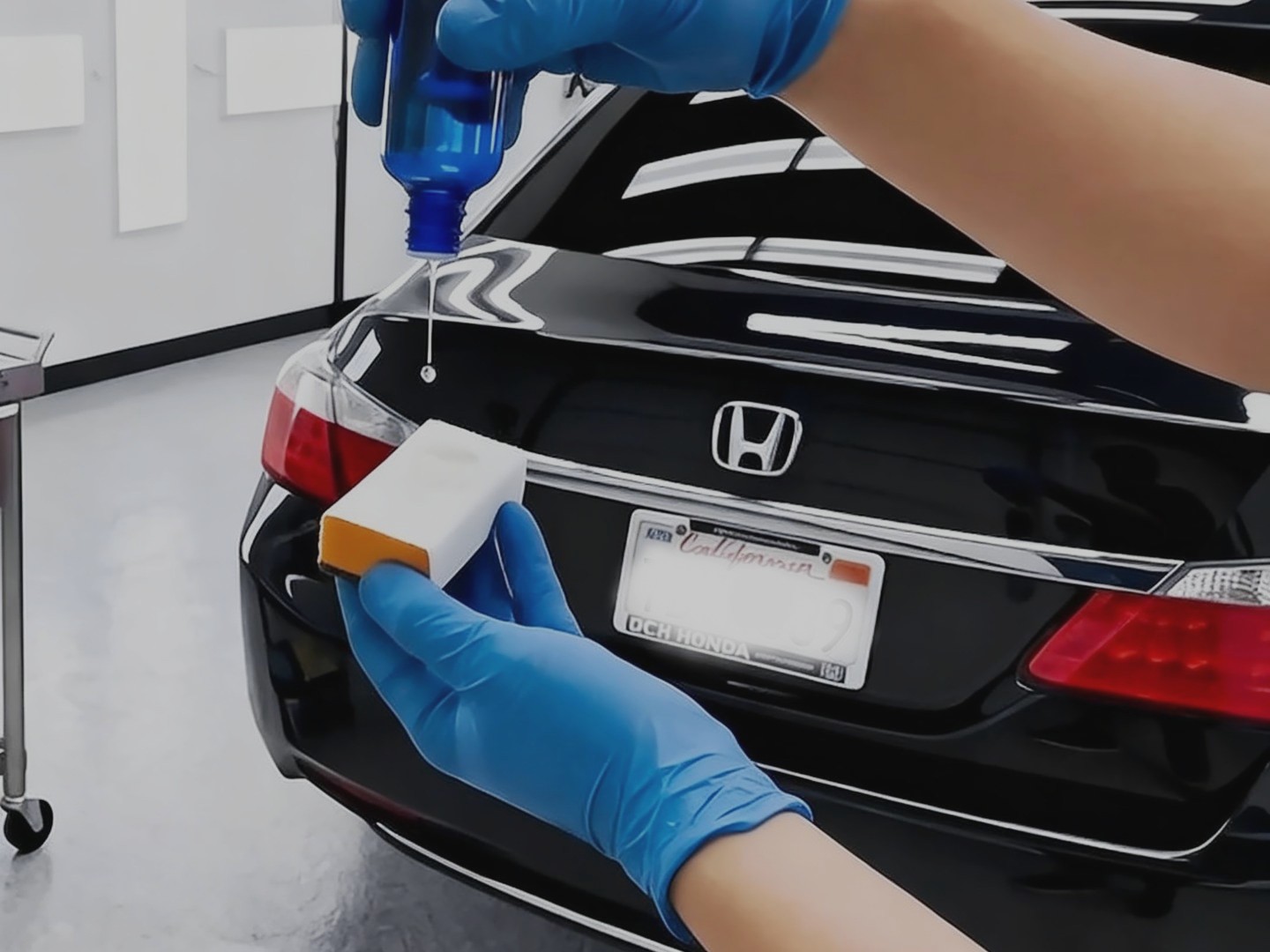 Applying ceramic coating by hand to a Honda's trunk lid with an applicator block