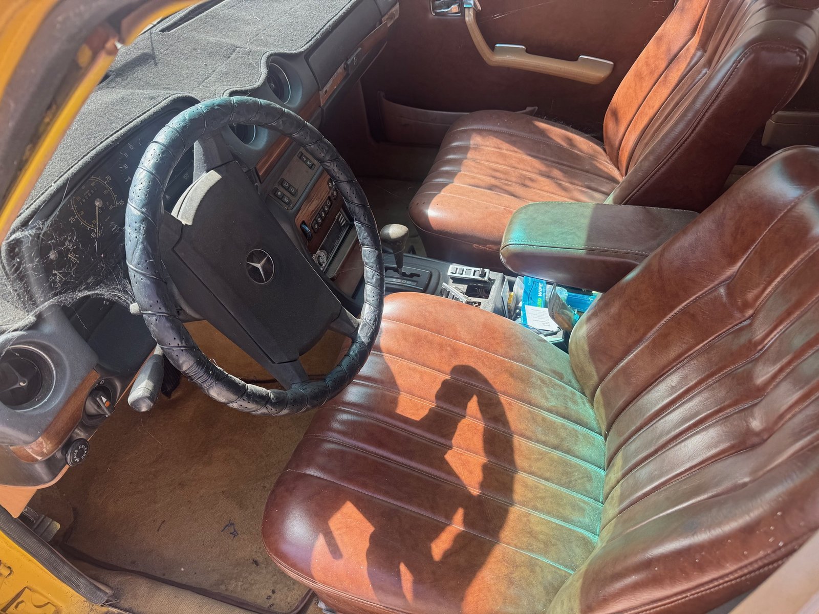 Classic Mercedes front interior before detail, dusty with cobwebs